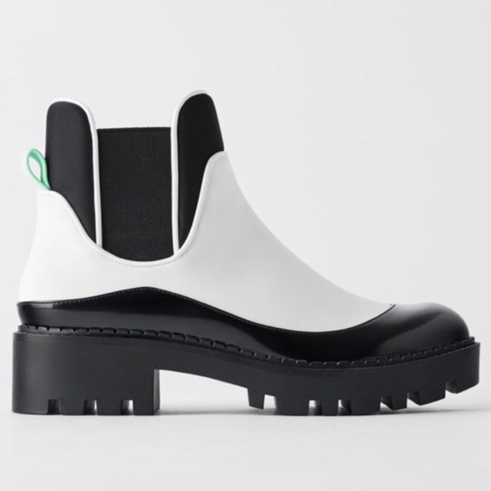 Zara White Low Heeled Chunky Boots Contrast Piping
